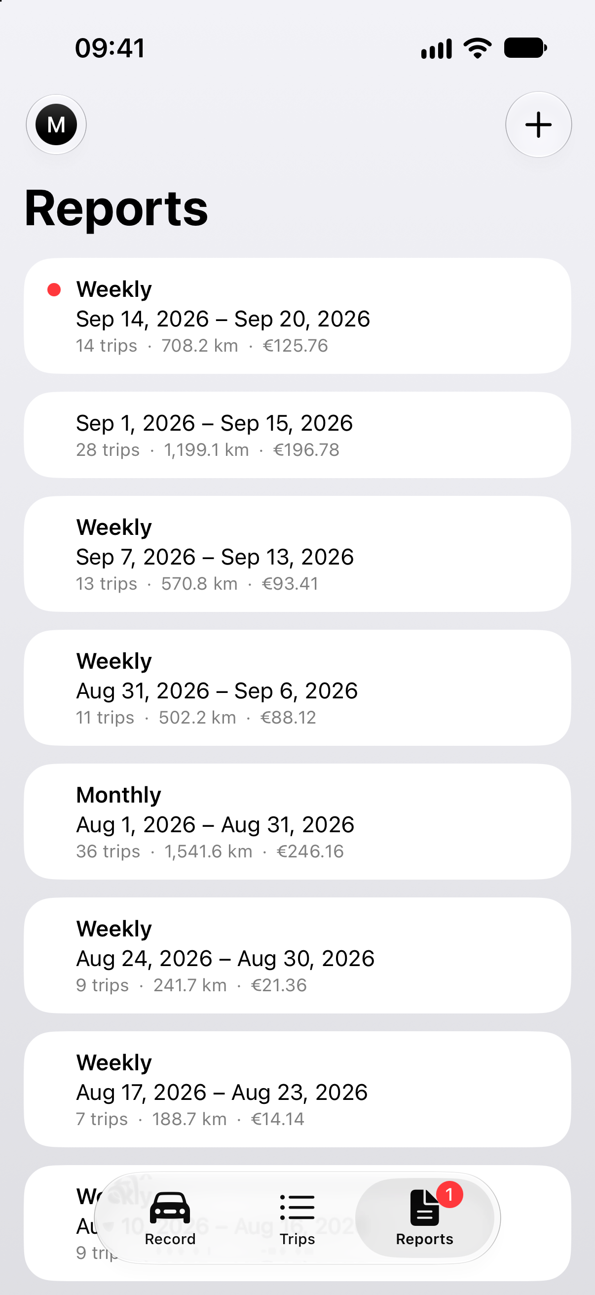 MyTrack reports showing trips, distances and estimated costs