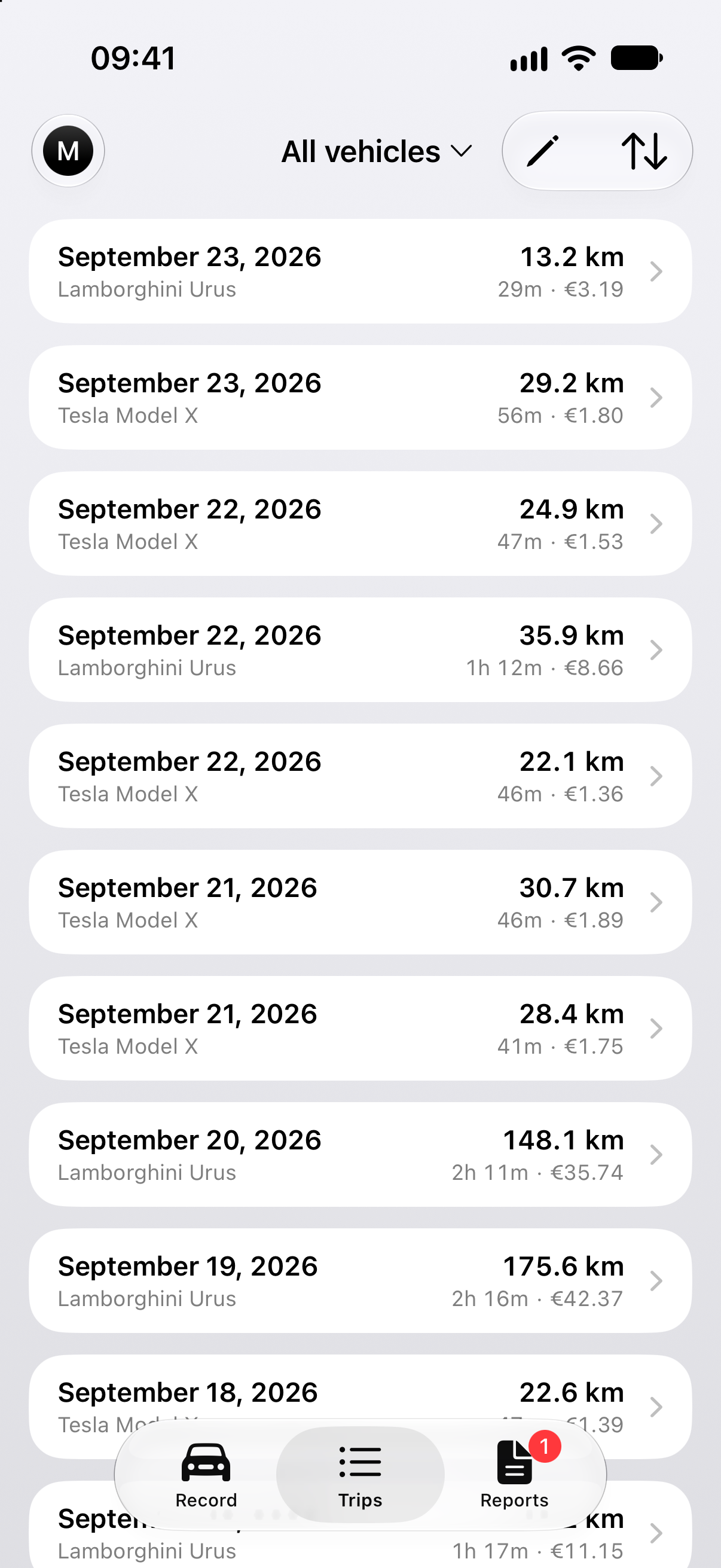 MyTrack trip history with dates, distances and estimated costs
