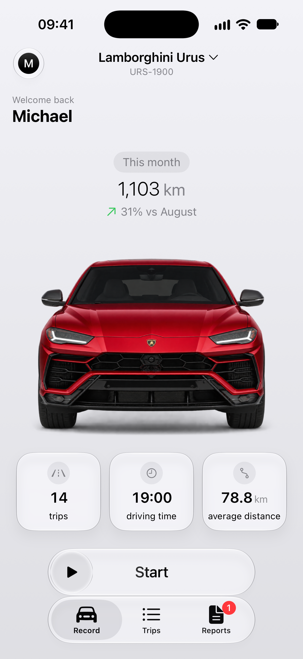 MyTrack home screen with a vehicle and monthly driving summary